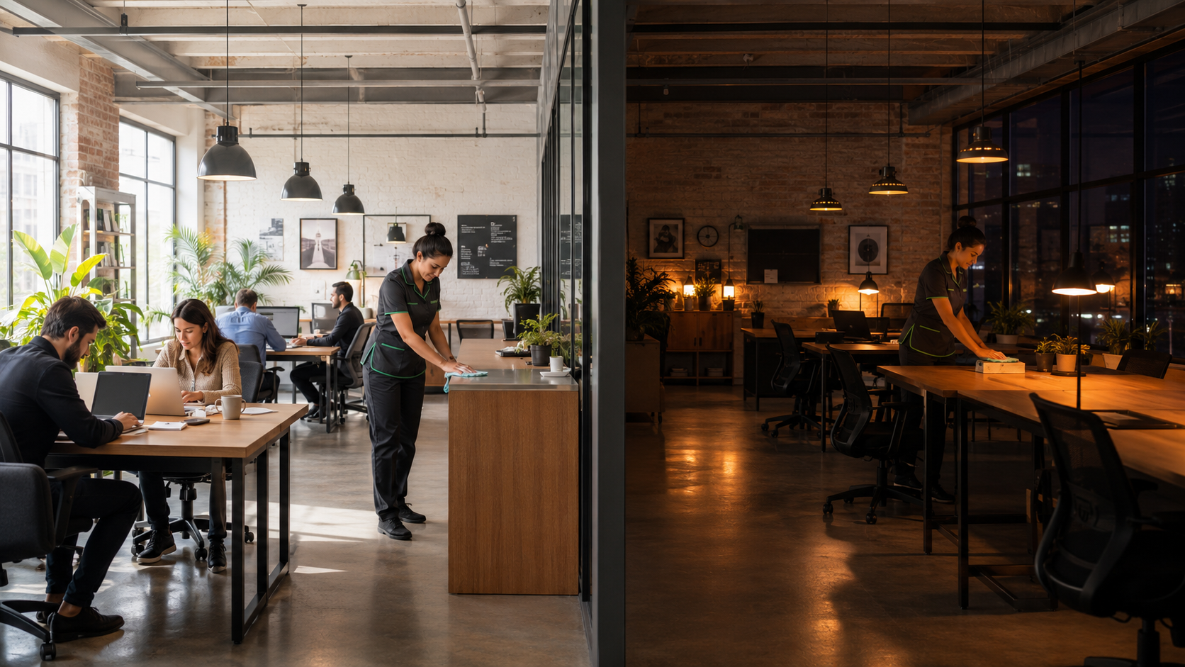 A uniformed cleaner wiping surfaces in a working office, by day and after hours
